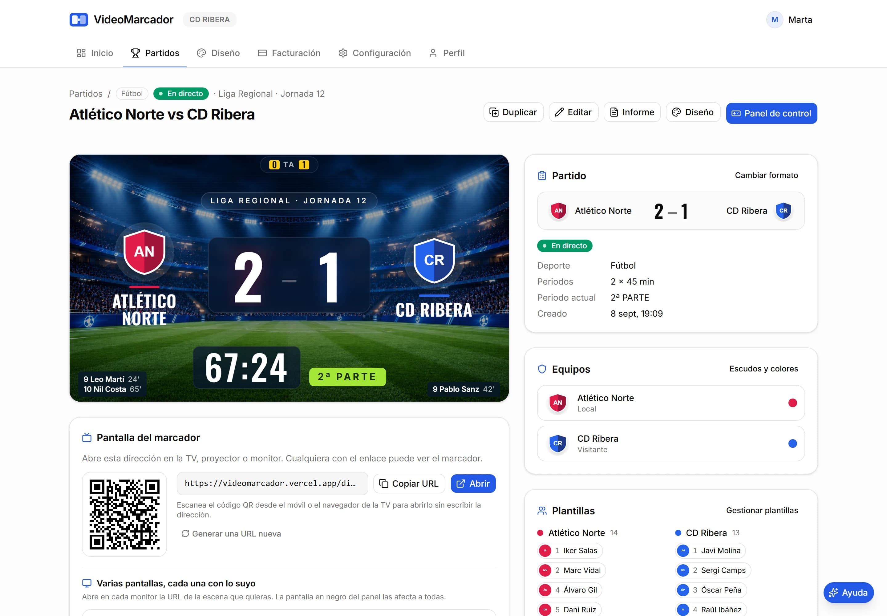 Ficha de un partido en VideoMarcador con la vista previa del marcador, la URL de la pantalla con código QR, los equipos y las plantillas