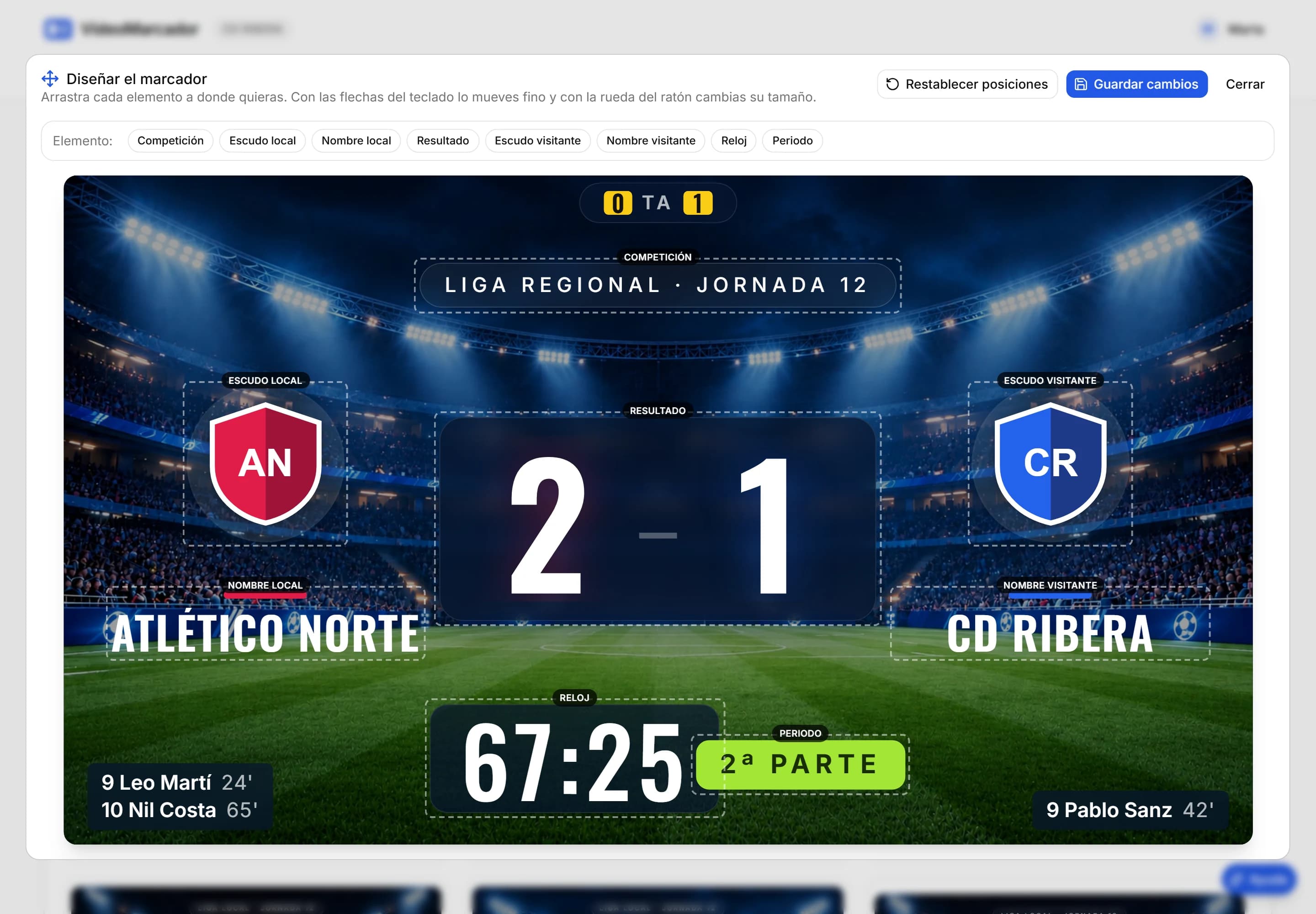 Modo Diseñar de VideoMarcador con el marcador en grande y recuadros arrastrables sobre cada elemento