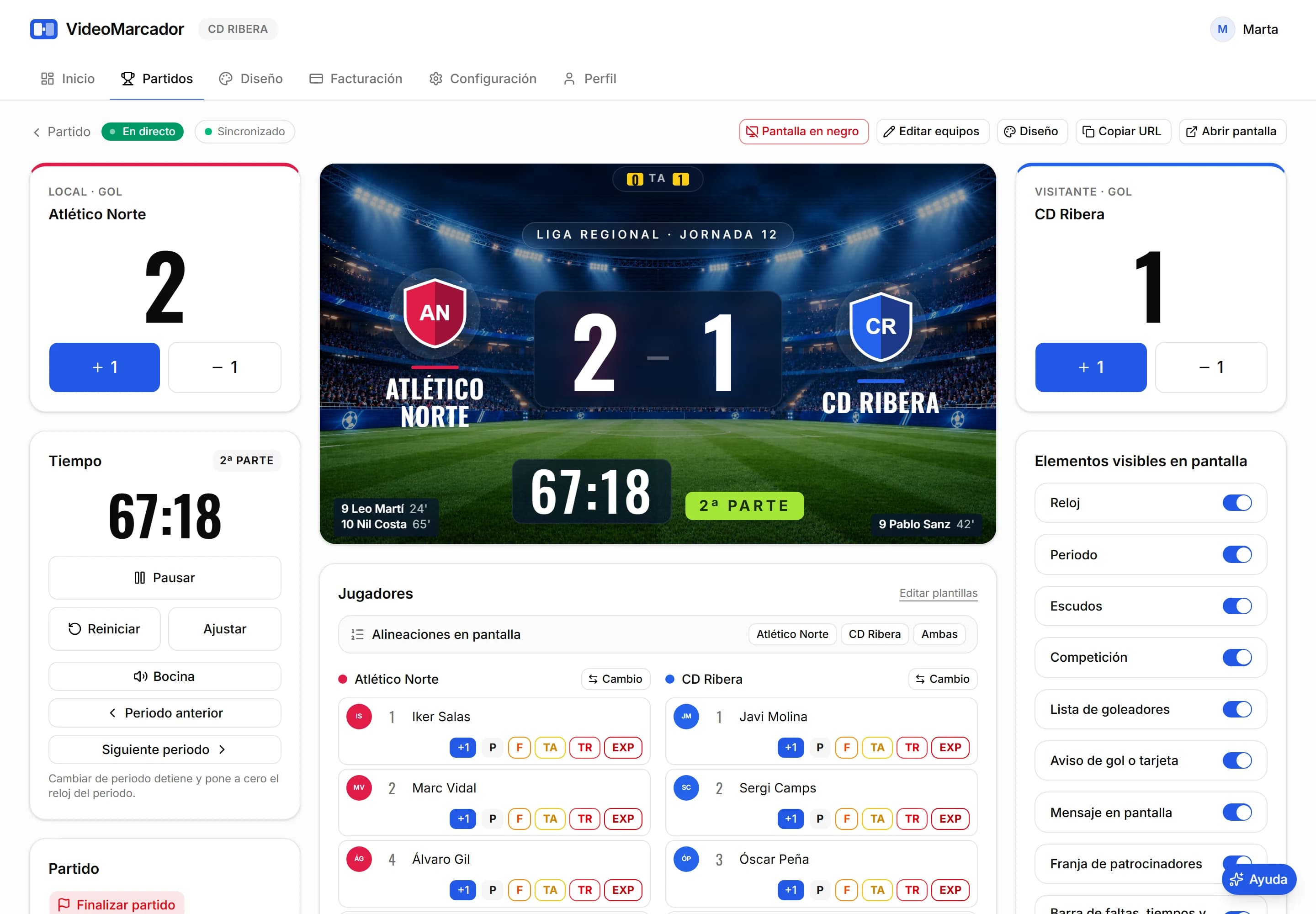 Panel de control de VideoMarcador en un ordenador: marcador de cada equipo con botones de sumar y restar, vista previa del marcador en directo, reloj con iniciar y pausar, jugadores con sus botones y los interruptores de elementos visibles