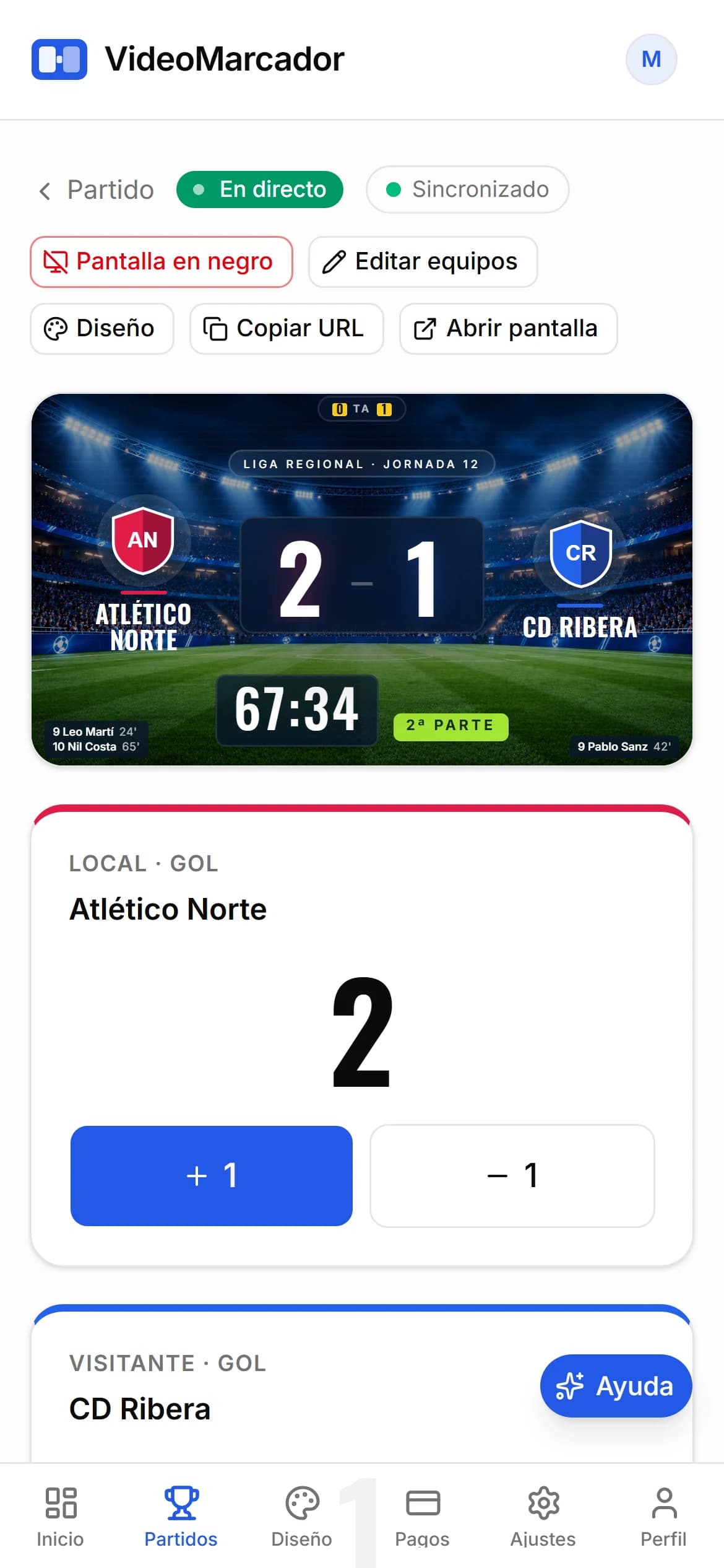 El mismo panel de control en un móvil, con la vista previa del marcador y los botones grandes de cada equipo